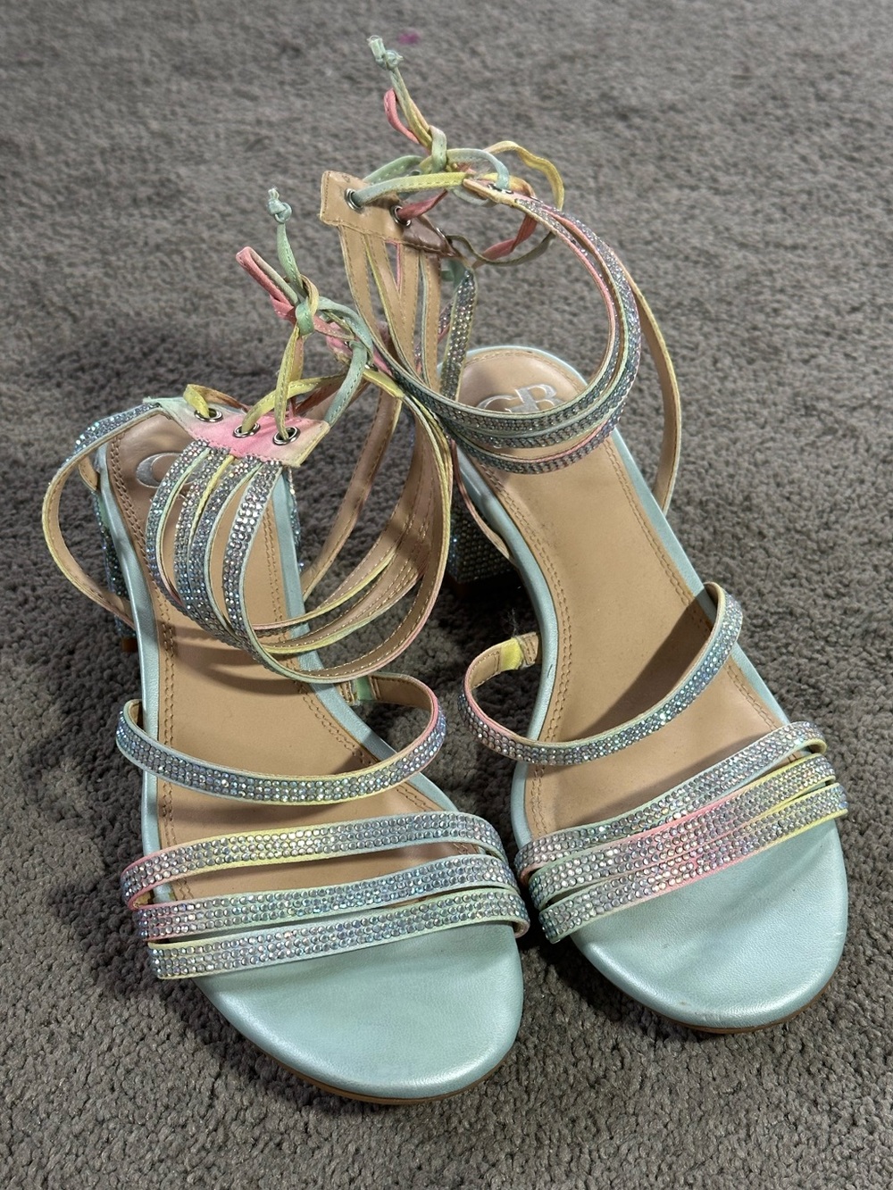 Gianni Bini Rhinestone Pastel Rainbow TieBack Chunky Heels Fairycore Y2K McBling